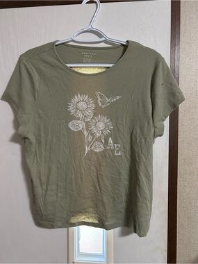 American Eagle Outfitters Olive Green Sunflower Tee with Butterfly Graphic
